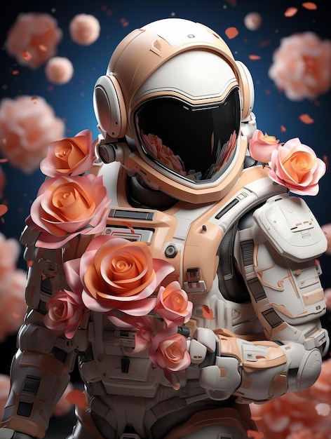 color rosa amor futurista alienígena guerrero astronauta robot en color ciber melocotón traje casco hecho de flores frescas