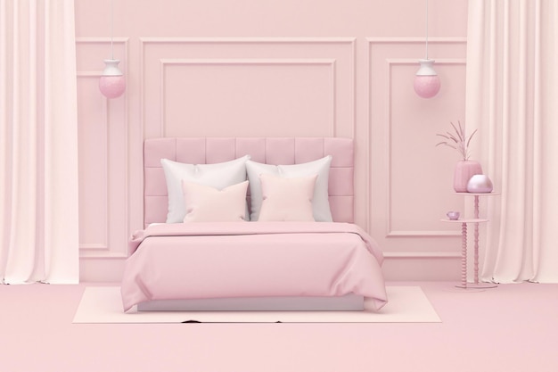 color rosa con cama y accesorios de habitación Fondo claro con espacio de copia 3D rendering