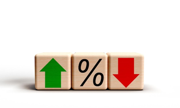 Foto color verde crecimiento hacia arriba rojo rosa hacia abajo crisis tasa de negocio símbolo por ciento signo flecha precio crédito bancario