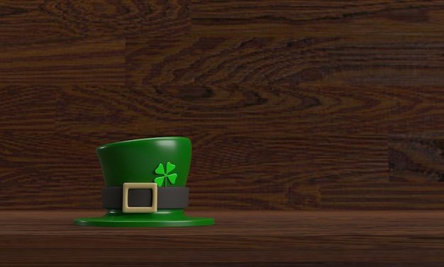 Color verde sombrero planta hoja color símbolo decoración ornamento día de san patricio leprechaun trébol irlanda cultura irlandesa marzo mes madera marrón fondo copia espacio celebración festival3d render