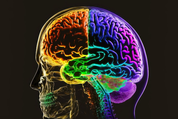 Colora a imagem convencional da cabeça com o cérebro humano no fundo preto