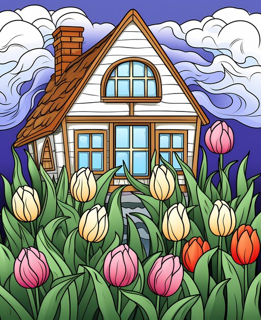 Coloração de casas de tulipas coloridas em estilo de desenho animado para jovens artistas