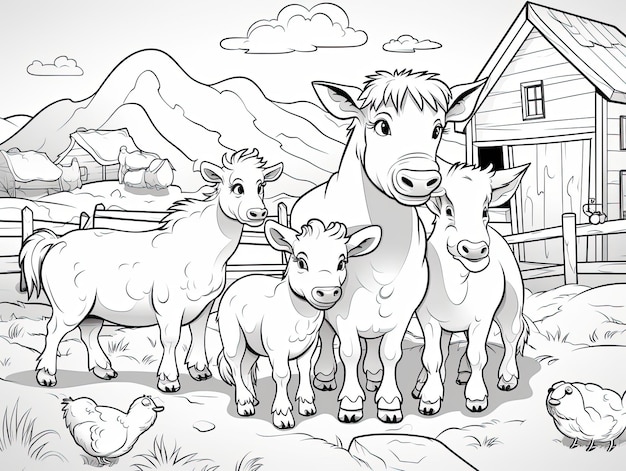 Coloração de páginas de arte uma encantadora cena de fazenda com animais em frente a um celeiro rústico