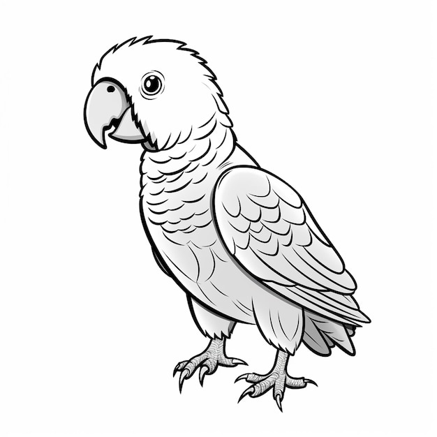 Coloração de papagaio cinzento africano desenhado à mão livro de coloração plano kawaii arte de linha