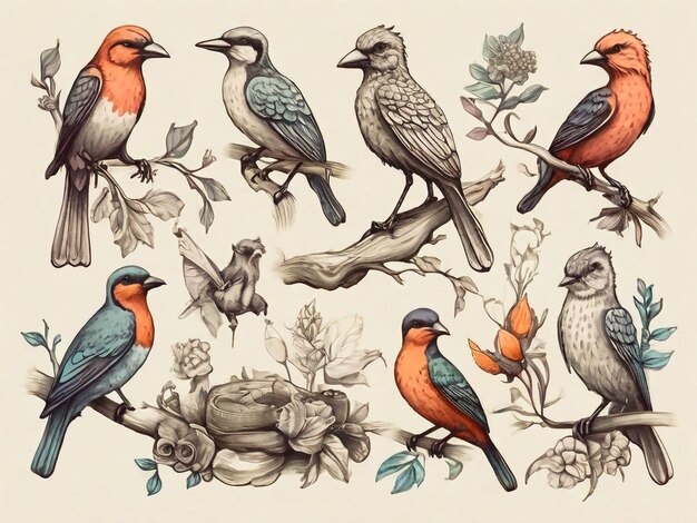 Foto coloración de aves tropicales con acuarela ilustración de acuarela colección de diferentes aves aisladas sobre un fondo blanco