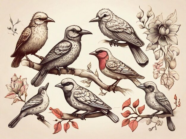 Foto coloración de aves tropicales con acuarela ilustración de acuarela colección de diferentes aves aisladas sobre un fondo blanco