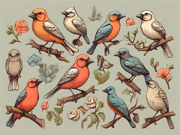 Foto coloración de aves tropicales con acuarela ilustración de acuarela colección de diferentes aves aisladas sobre un fondo blanco