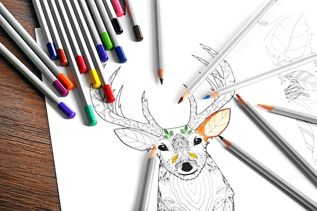 Foto coloración de ciervos con lápices sobre mesa