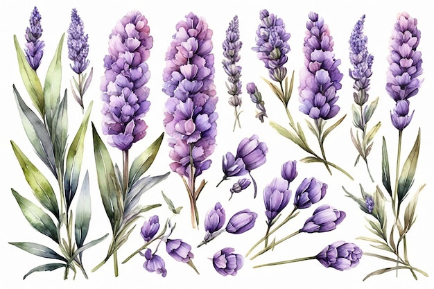 Coloración de flores de lavanda en acuarela Ilustración dibujada a mano aislada sobre fondo blanco