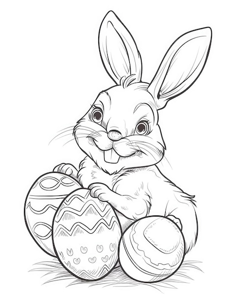 Colorear el contorno de la página de dibujos animados con el conejo de Pascua con huevos Libro de colorear para niños