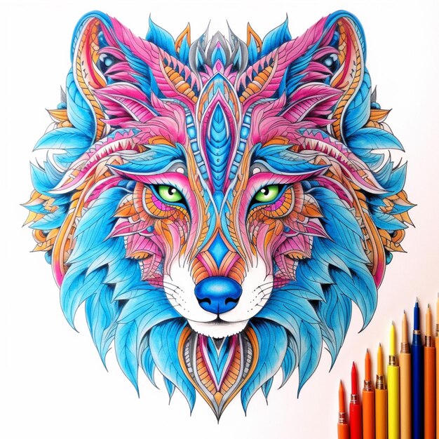 Foto colorear un lobo con lápices de color y un fondo blanco generativo ai