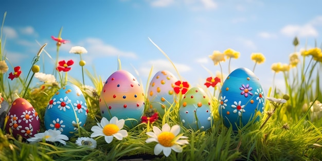 Coloree los huevos de Pascua y el fondo de la naturaleza de hadas Diseño de celebración