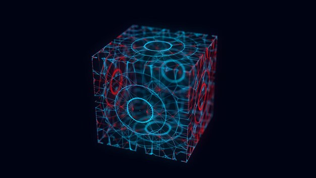 Colores abstractos cubo de ciencia ficción con partículas y línea con indicadores digitales conexión de red tecnológica en el mundo conexiones digitales globales ai cubo Wireframe encriptación Blockchain renderización 3D