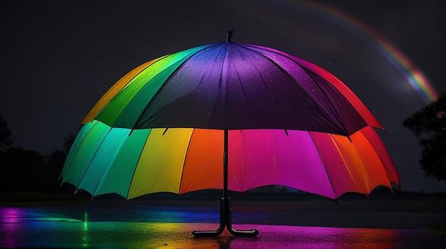 Los colores del arco iris iluminan la noche oscura con paraguas