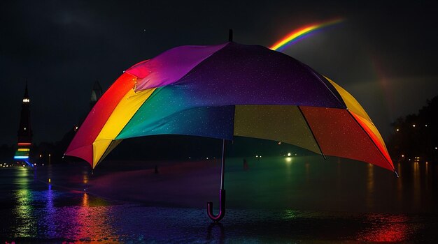 Los colores del arco iris iluminan la noche oscura con paraguas