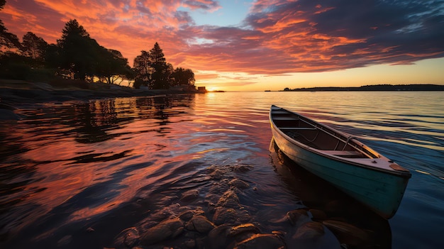 Los colores del atardecer en el horizonte reflejados en el agua desde un barco