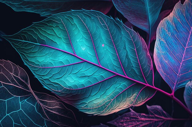 Los colores azul turquesa y rosa se utilizan en las hojas macro, textura de fondo, hojas de esqueleto transparentes. Una representación artística de la naturaleza que es vibrante, expresiva y encantadora.