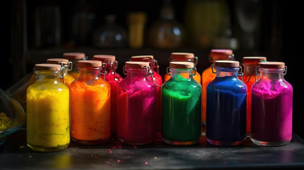 Colores brillantes en botellas pequeñas para el festival indio de Holi Colores de polvo de gulal coloridos para Happy Holi generativo ai
