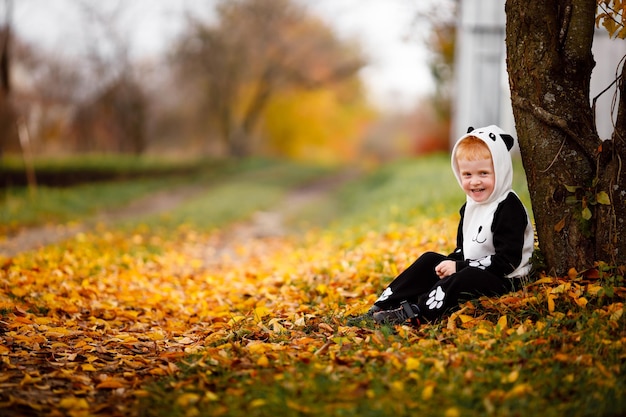 Colores brillantes y un niño pelirrojo con un traje blanco y negro sentado en el césped