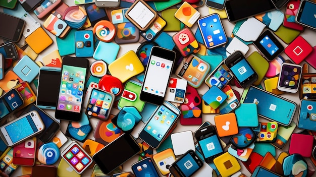 Los colores y formas vibrantes de una colección de teléfonos inteligentes que muestran aplicaciones populares de redes sociales