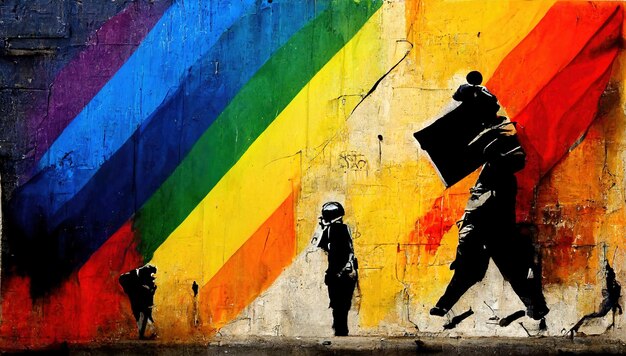 Colores generativos de la bandera del orgullo LGBT del arco iris AI como graffiti en el arte de Wall Street