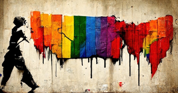 Colores generativos de la bandera del orgullo LGBT del arco iris AI como graffiti en el arte de Wall Street