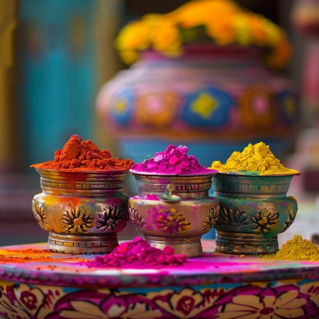 Foto colores de holi colocados en una mesa