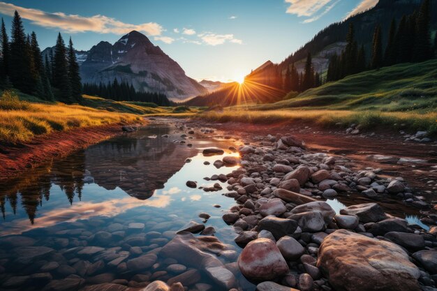 Los colores de las montañas se reflejan en el lago tranquilo hermosa imagen del amanecer