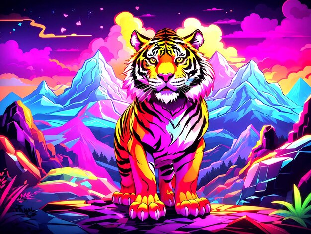 colores de neón estilo de dibujos animados imagen de ilustración de tigre