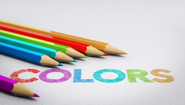 Colores palabra escrita a mano en una textura de papel con seis lápices de madera alrededor. Imagen conceptual para probar la combinación o disposición de colores.