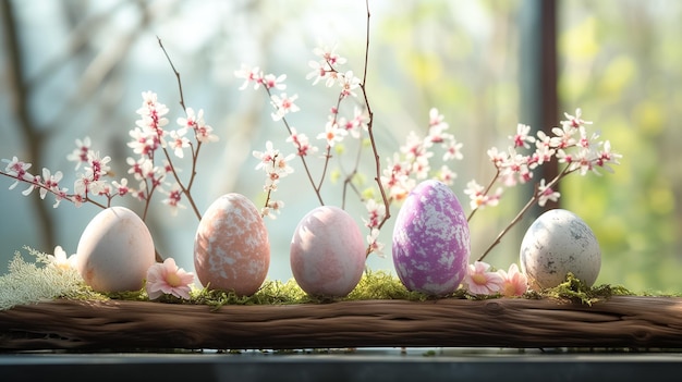 colores pastel huevos de Pascua en madera con flores en árboles borrosos fondo espacio libre tarjeta de Pascua