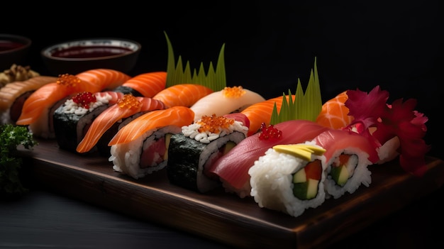 Foto los colores y texturas contrastantes del sushi son vibrantes y la fotografía culinaria es apetitosa