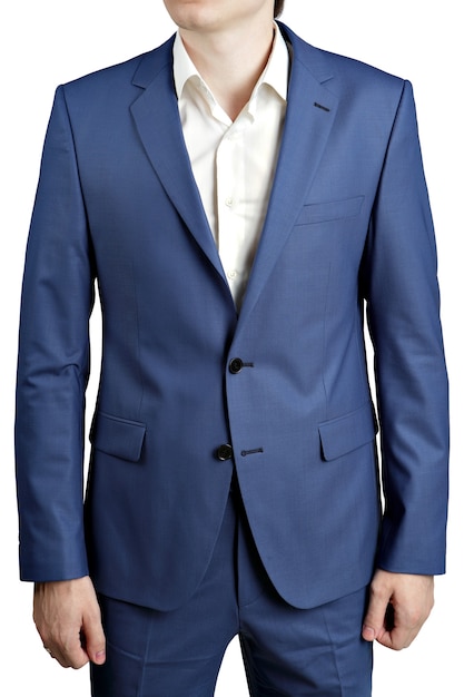 Los colores del traje azul marino para hombre con estilo, con la chaqueta con botones aislados sobre fondo blanco. | Foto Premium