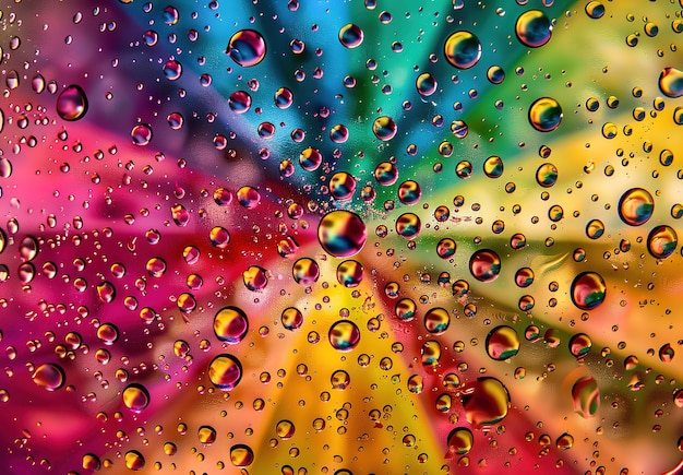 Los colores vibrantes bailan detrás de las gotas de lluvia una combinación hipnotizante de arte de la naturaleza capturado en el vidrio de la ventana