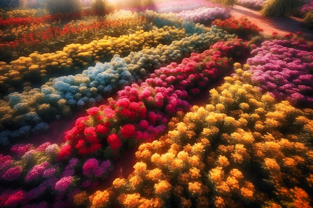 Los colores vibrantes de las flores y los cultivos en flor crean una impresionante vista aérea en verano