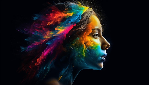 Los colores vibrantes iluminan el retrato artístico de la belleza futurista generado por IA