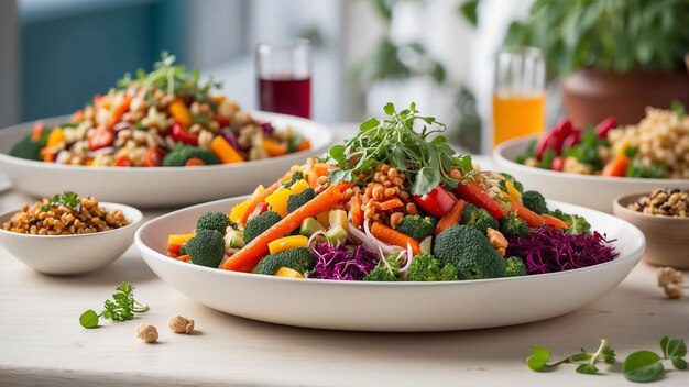 colores vibrantes y texturas de un suntuoso banquete de verduras en una mesa de madera blanca en un restaurante de moda