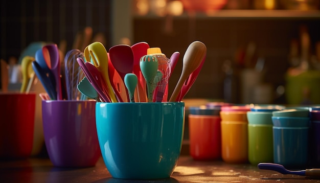 Los colores vibrantes de los utensilios de cocina crean naturalezas muertas divertidas generadas por IA