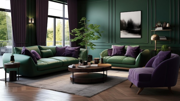 Los colores violeta y verde oscuro de la sala de estar Diseño de interiores