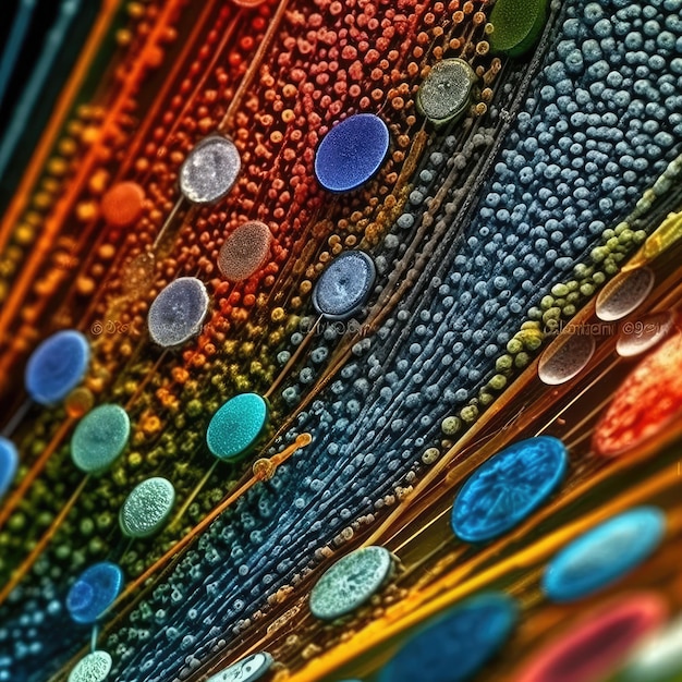 Colores vivos de diatomeas bajo el microscopio electrónico Perfecto para presentaciones científicas y materiales educativos IA generativa