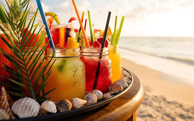 Foto colorful cocktails in jar with ice on the beach bar table close up