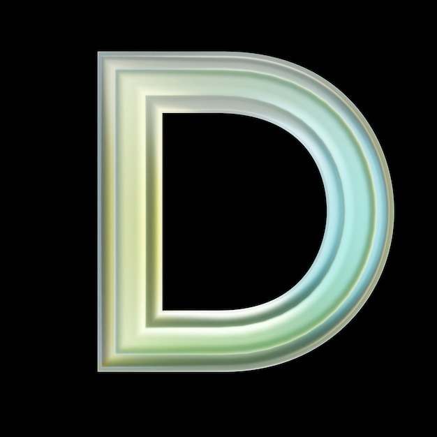 Colorful glass letter d with black background perfect for graphic design projects 3d rendering