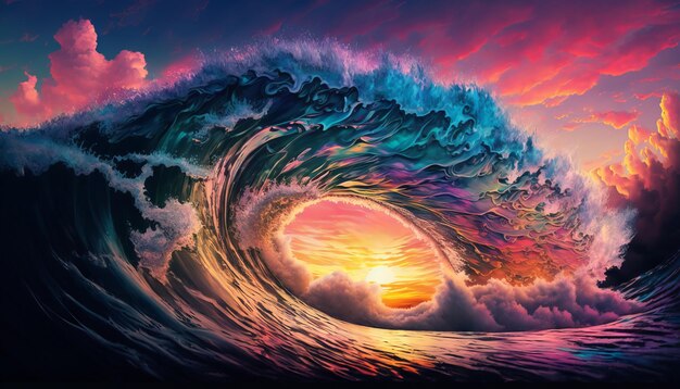 Colorful Ocean Wave Meerwasser in Kammform Sonnenuntergang Licht und schöne Wolken im Hintergrund Generative ai