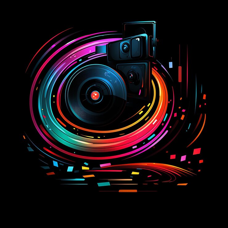 Foto colorful video camera cinematic black curved neon lines film strip de y2k gradient light art (arte de la luz gradiente)