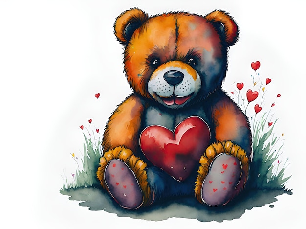 Colorfull Teddy bear sentado segurando coração aquarela ai generative