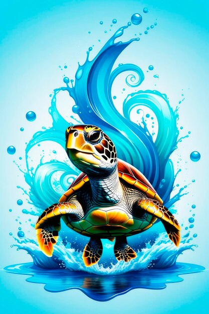 Foto colorida acuarela sute nadando tortuga marina en colores fantasía remolinos salpicaduras