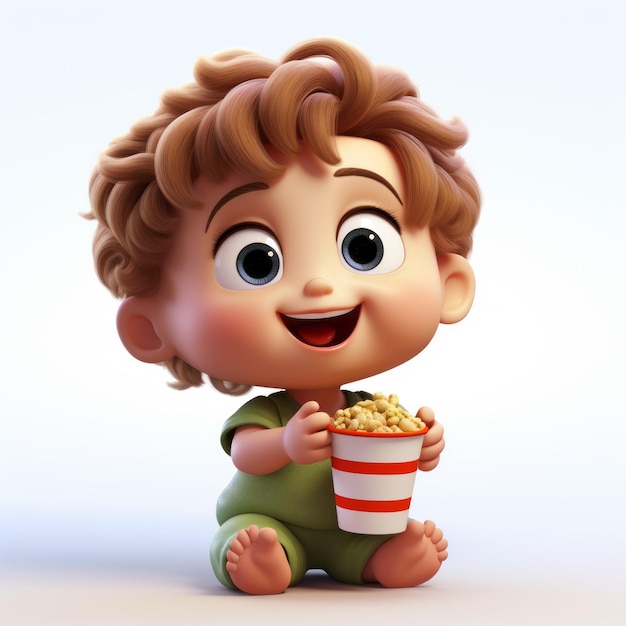 Foto colorida animação 3d cartoon boy desfrutando de pipocas em estilo vray tracing