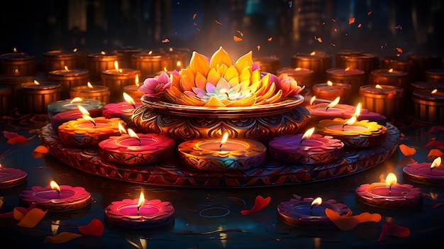 Foto una colorida y animada celebración de diwali con dias brillantes y vibrantes diseños de rangoli con decoraciones festivas