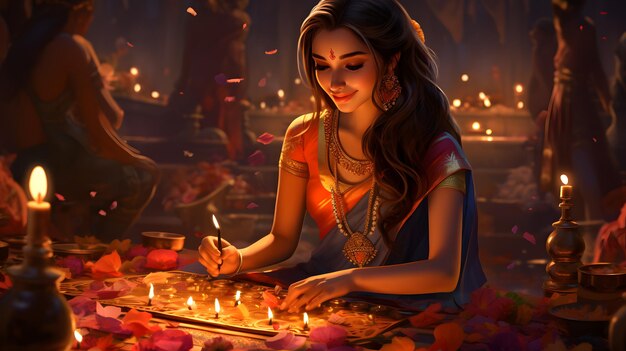 Foto una colorida y animada celebración de diwali con dias brillantes y vibrantes diseños de rangoli con decoraciones festivas