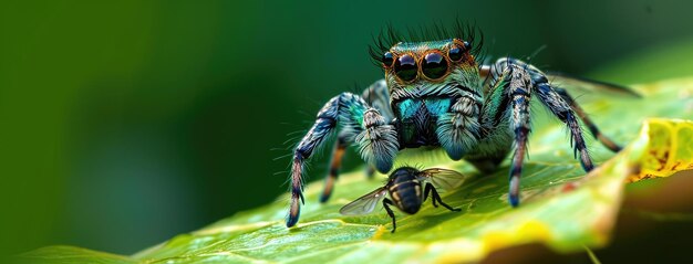 Foto la colorida araña saltadora se encuentra con la abeja en la hoja